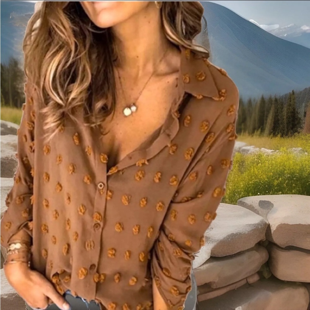 Sexy Coffee/Brown Collared Button Down W/Puffy Circle Designs Button Cuff Shirt - Picture 2 of 5